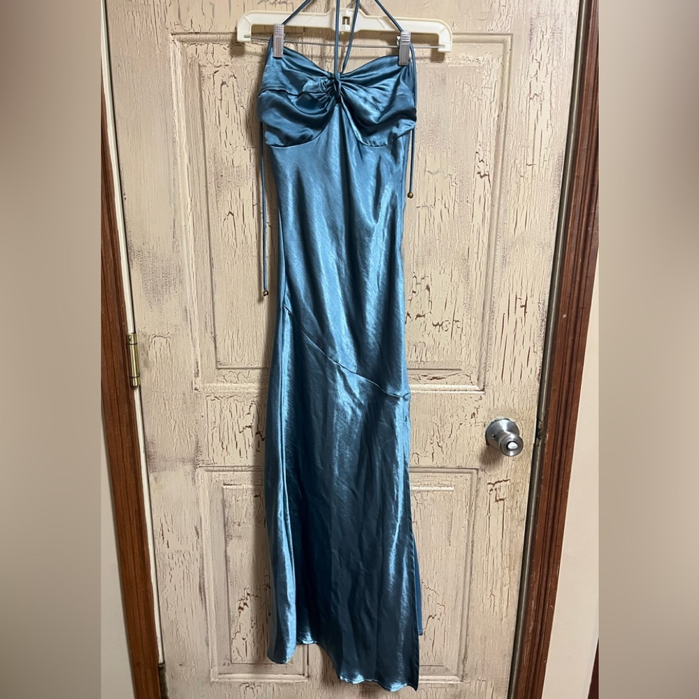 Elegant Turquoise Blue Satin Gown